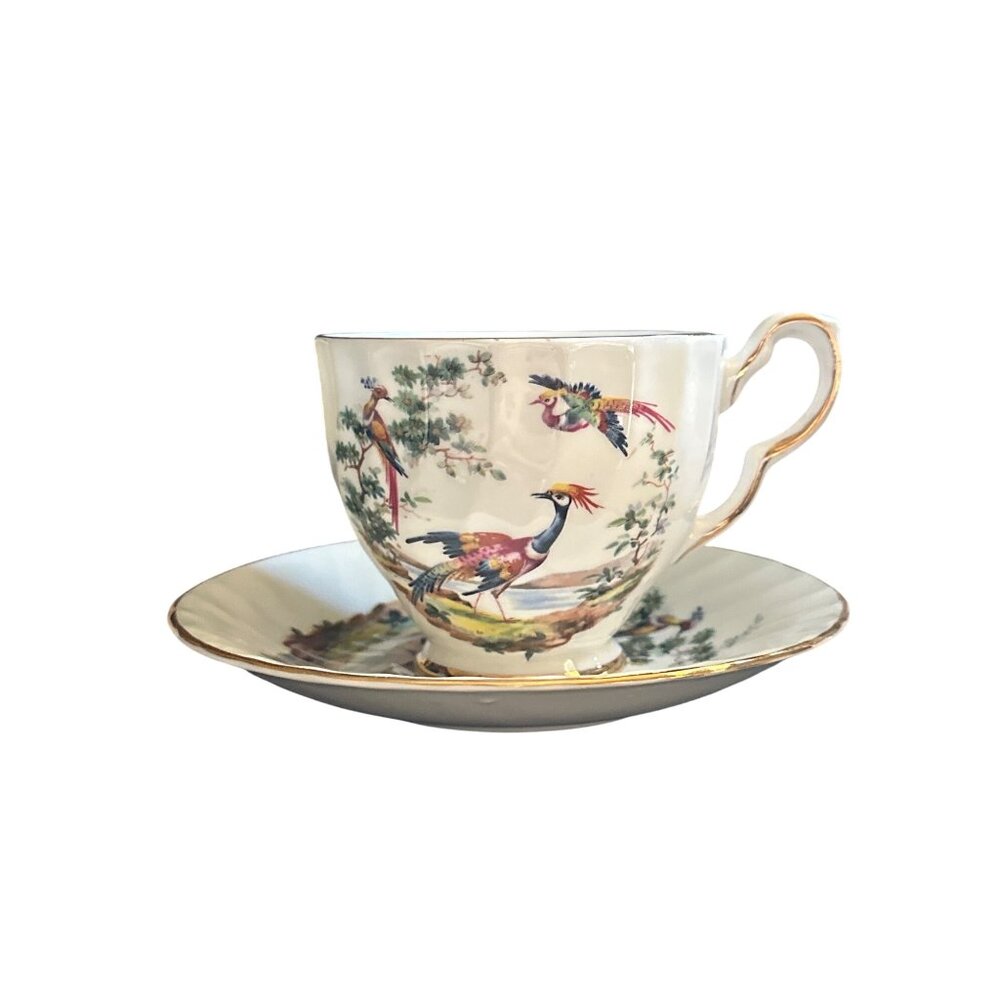 Sutherland Bone China Tea Cup & Saucer Set With Bird Design & Gold Trim